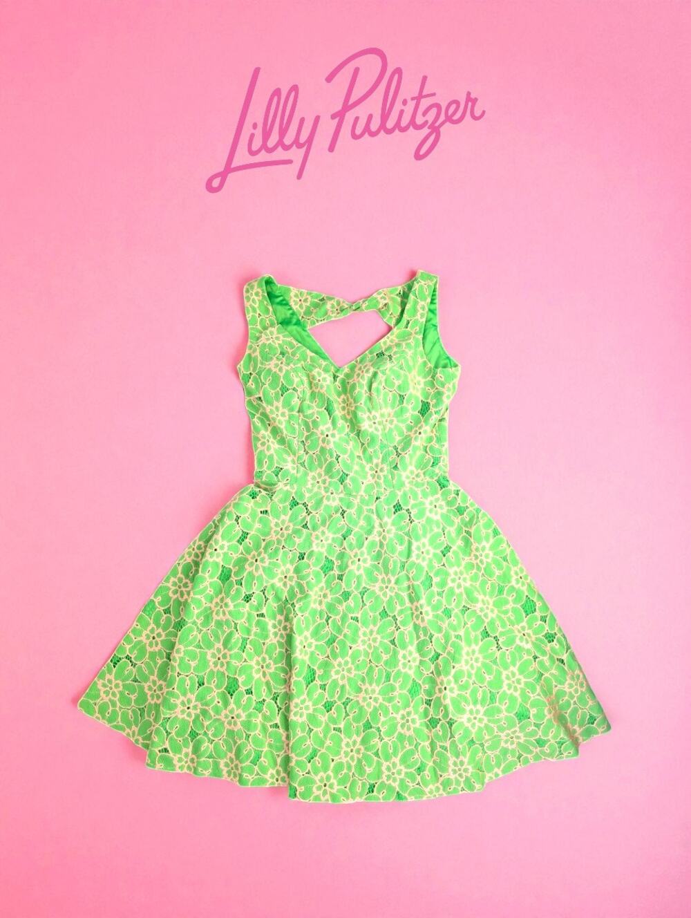 RARE Lilly Pulitzer Freja New Green Pink Lace Fit & Flare Dress – Size 0 – EUC